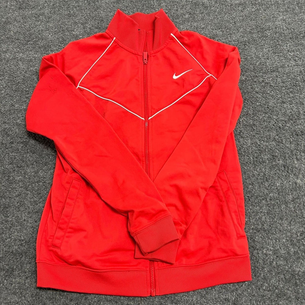 Nike Track Jacket Womens Size L Red Full Zip White Piping Swoosh Athletic Sport